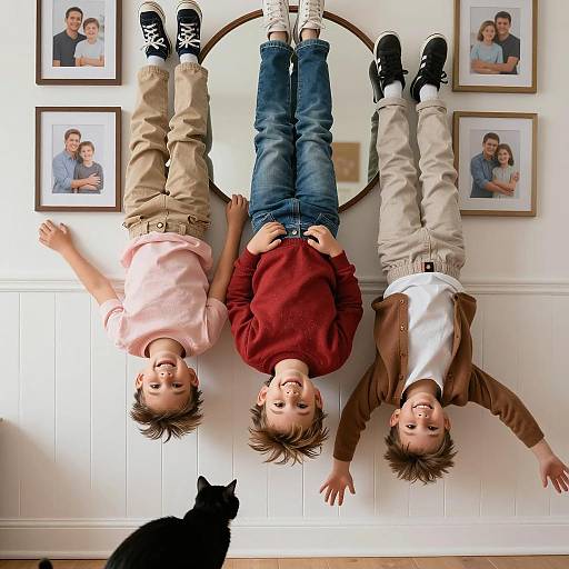 Three Children Upside Down with Black Cat
