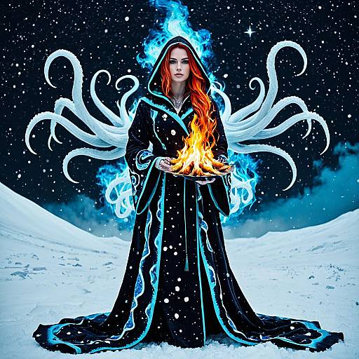 Frostfire Witch in Snow with Fiery Hair