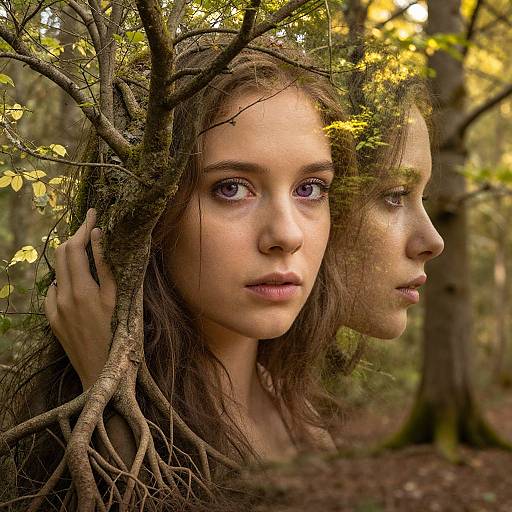 Photograph of a young woman with purple eyes, brown hair, and fair skin, holding tree branches, with her mirrored profile in a forest with yellow