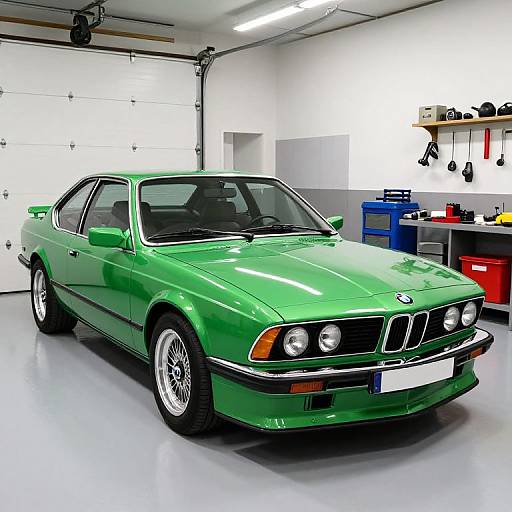 Photograph of a shiny, green BMW E30 coupe in a well-lit, white garage, with tools, red and blue storage boxes, and