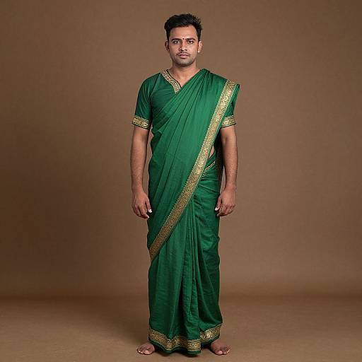 Photograph of a muscular South Asian man with short black hair, wearing a green traditional sari with gold trim, standing against a brown background.
