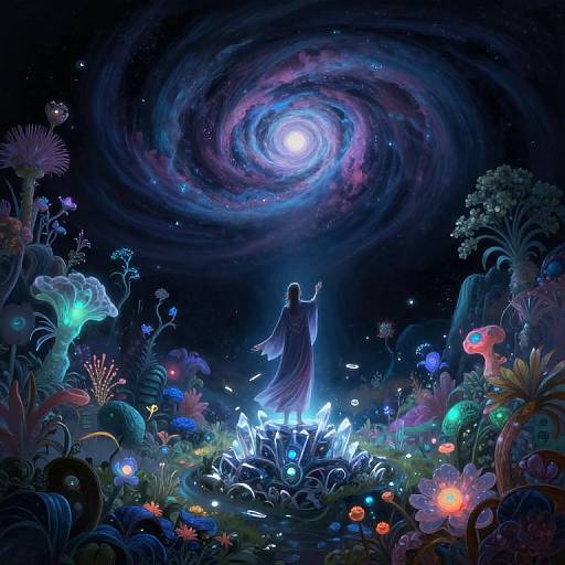 Digital artwork of a glowing figure standing in a vibrant, bioluminescent forest beneath a swirling, starry galaxy. Colors include blue, purple,