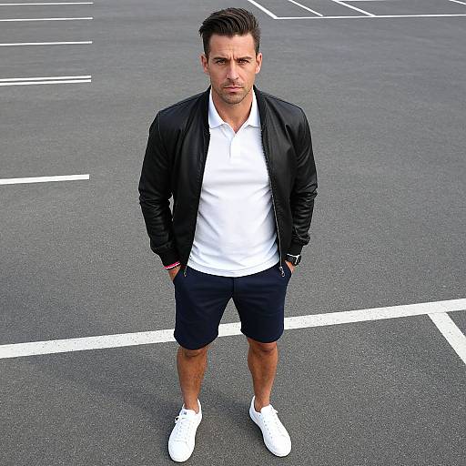 Photograph of a handsome man with short dark hair, wearing a black jacket, white polo shirt, navy shorts, and white sneakers, standing in an