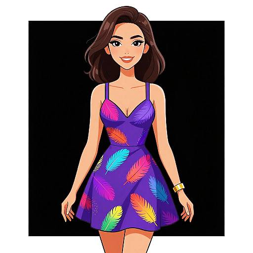 Digital illustration of a smiling woman with light brown skin and dark brown hair, wearing a purple dress with colorful feather patterns, gold bracelet, black background.
