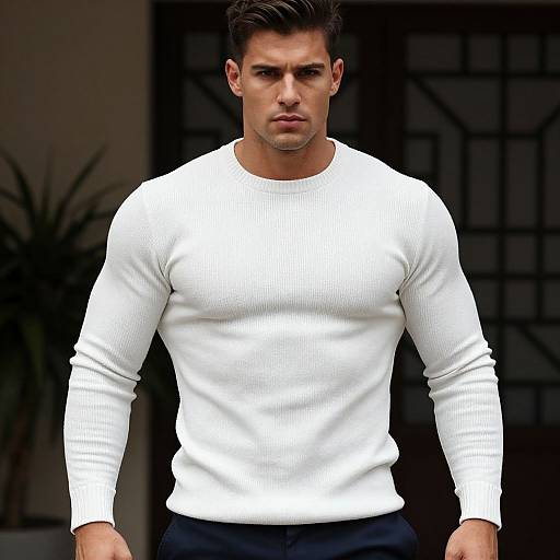 Photograph of a muscular, handsome man with short dark hair, wearing a tight white ribbed long-sleeve shirt, standing confidently outdoors.
