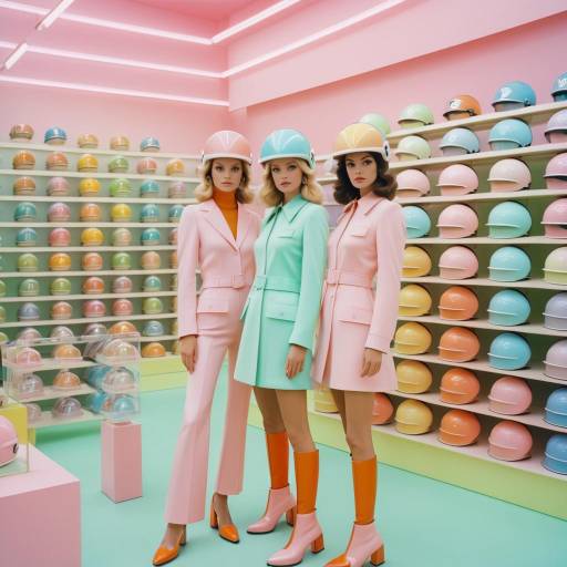 Retro Fashion Models in Colorful Helmets