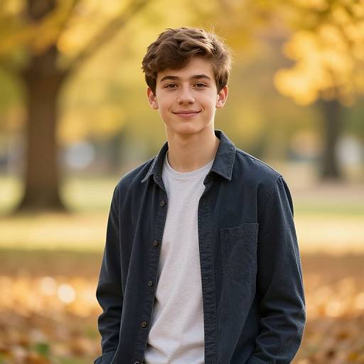 Teenage Boy in Sunlit Autumn Park