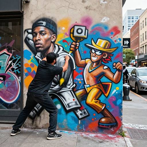 Vibrant street graffiti of a black boy with serious expression and a cartoon construction worker holding a hammer, painted by a spray painter in an urban alley