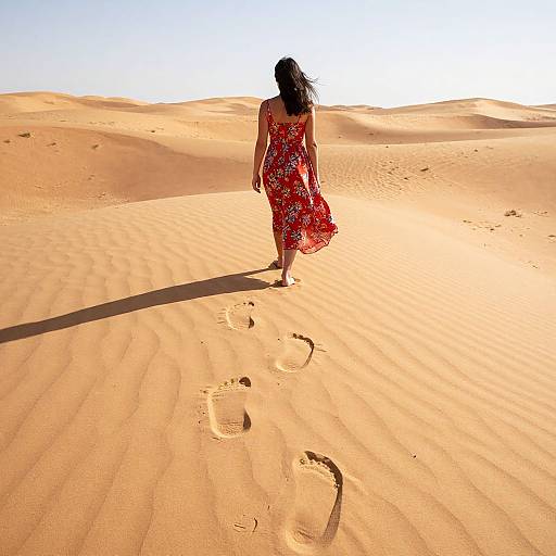 Photograph of a woman in a red floral dress walking alone in a sunlit desert, casting a long shadow, with footprints in the sand.