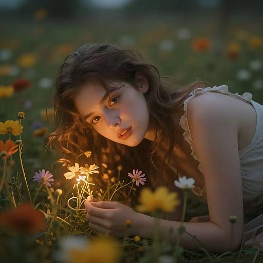 Photograph of a young woman with wavy brown hair, wearing a white sleeveless top, lying in a field of colorful flowers at dusk, holding