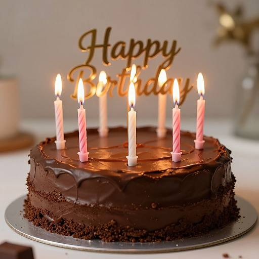 Photograph of a chocolate cake with smooth, dark brown frosting, topped with 