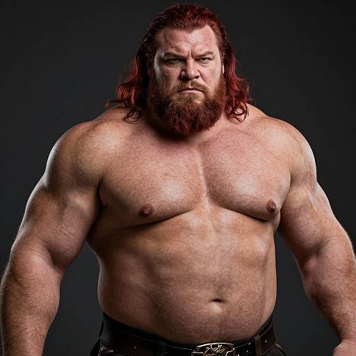 Photograph of a muscular, bearded man with long red hair, bare-chested, wearing black pants, standing against a dark background.