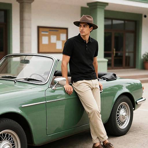 Man Leaning on Green Vintage Convertible