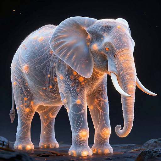 CGI digital artwork of a glowing, translucent elephant with orange bioluminescent spots, standing against a dark, starry background.