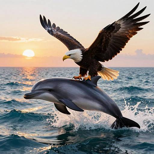 Photograph of a majestic bald eagle with outstretched wings, perched on a leaping dolphin, against a vibrant sunset over a choppy ocean