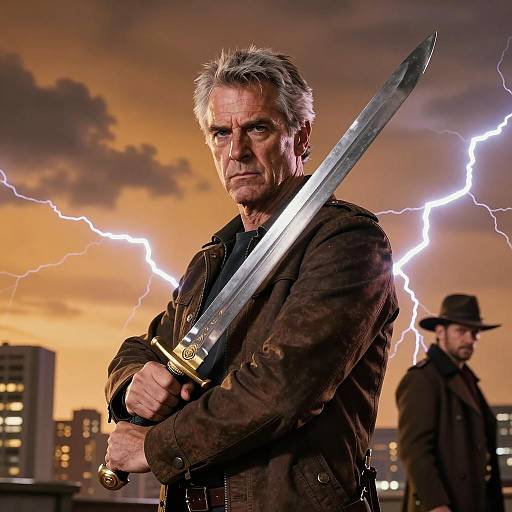 Epic Duel: Men, Sword, and Lightning