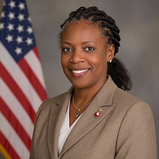 Photograph of a smiling African-American woman with braided hair, wearing a beige blazer, red pin, and necklace, in front of an American