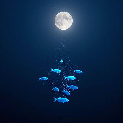 Photograph of glowing blue fish ascending towards a bright full moon in a dark, deep blue ocean night sky.