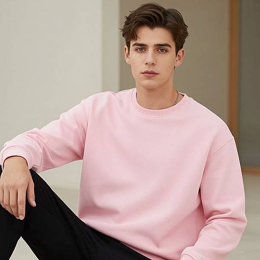 Young man with dark brown hair, wearing a light pink sweater and black pants, sitting indoors, looking directly at the camera.