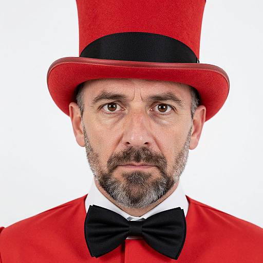 Photograph of a middle-aged man with a serious expression, wearing a red top hat, red jacket, black bow tie, and white shirt, against