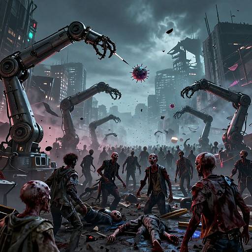 Digital artwork: Apocalyptic city battle scene with robotic arms firing at zombies amidst rubble, smoke, and a dark, cloudy sky.