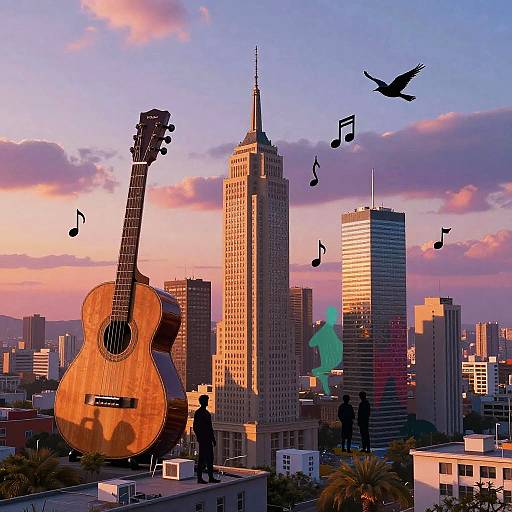 Photograph of a sunset cityscape with a giant wooden guitar, musical notes, birds, and silhouetted figures, featuring a tall skyscraper