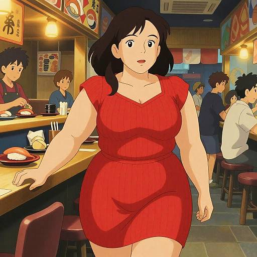 Plus-Size Woman in Red Dress at Sushi Bar