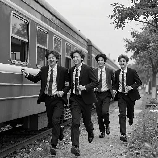 Four Young Men Running Alongside Train