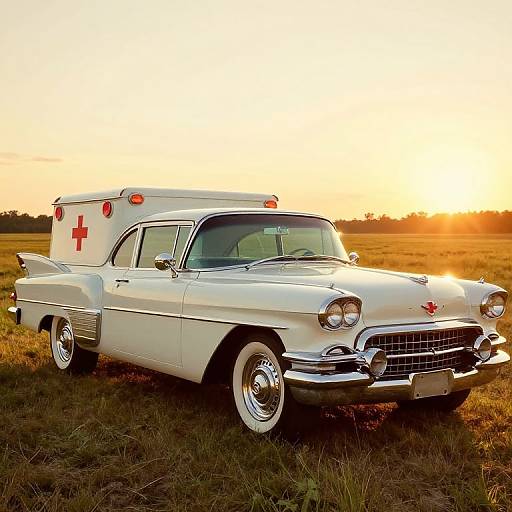 Photograph of a vintage white ambulance car with red cross, chrome details, and classic design, parked in a grassy field at sunset.