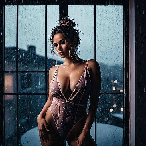 Woman in Sheer Bodysuit by Rainy Window