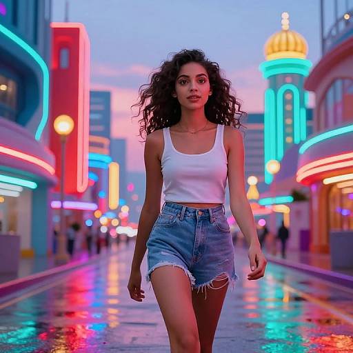 Photograph of a curly-haired woman in a white tank top and frayed denim shorts walking down a neon-lit, rainy city street at dusk.