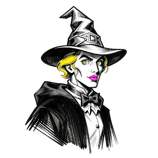 Digital pop-art style drawing of a witch with yellow hair, pink lips, black hat, black cloak, white shirt, and bow tie.