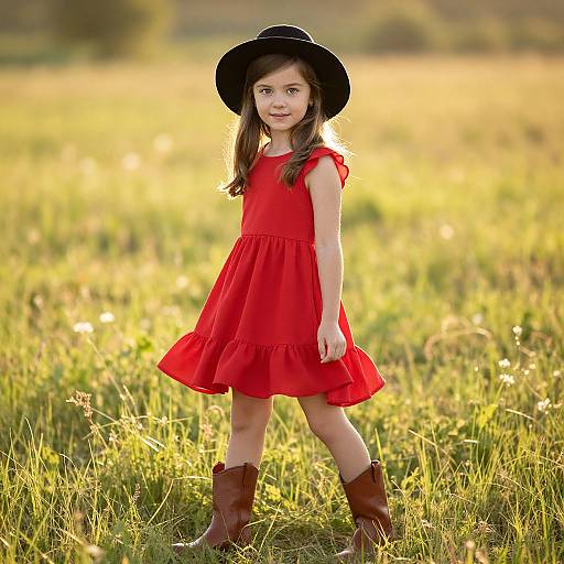 Photograph of a young girl with fair skin, brown hair, wearing a red dress, black hat, and brown boots, standing in a sunlit