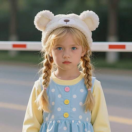 Young Girl in Bear Hat and Polka Dot Dress