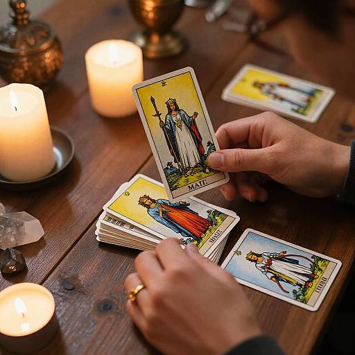 Photograph of hands shuffling Tarot cards on a wooden table with lit candles and ornate brass holders, displaying a 