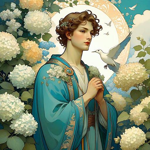 Art Nouveau Man in Hydrangea Garden with Halo