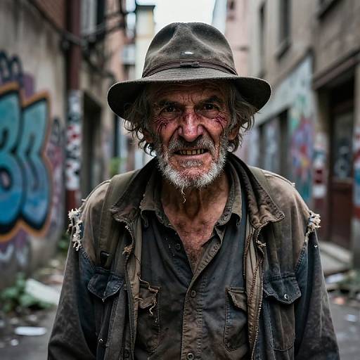 Photograph of an elderly, weathered man with a grizzled beard, wearing a tattered hat and brown jacket, standing in a graffiti-covered