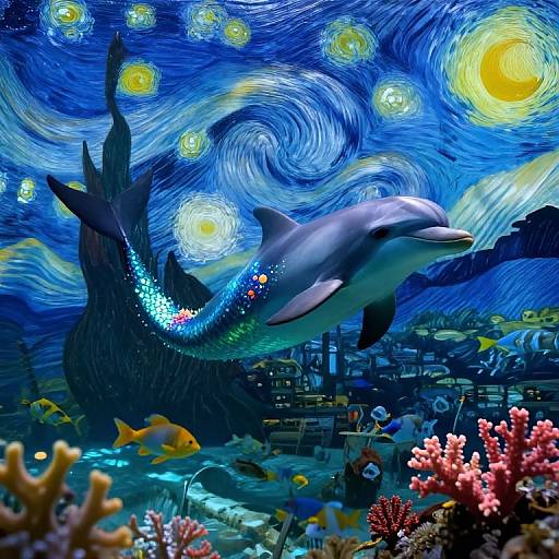 Digital artwork of a dolphin with swirling blue and yellow sea patterns, surrounded by colorful fish and coral, inspired by Van Gogh's 