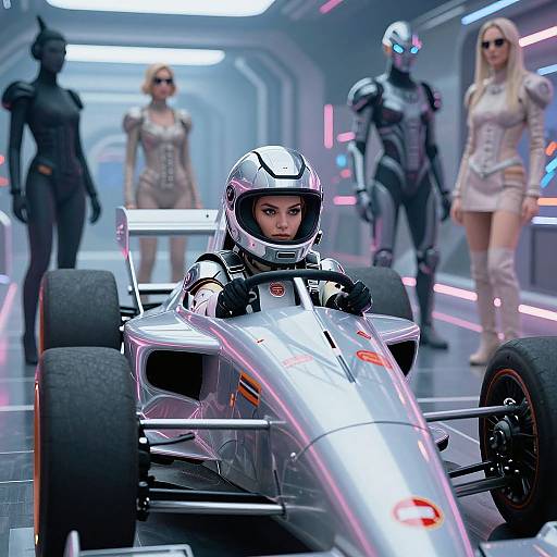 Photorealistic CGI: Female race car driver in sleek silver helmet and suit, focused in futuristic cockpit, surrounded by four futuristic, armored women in neon