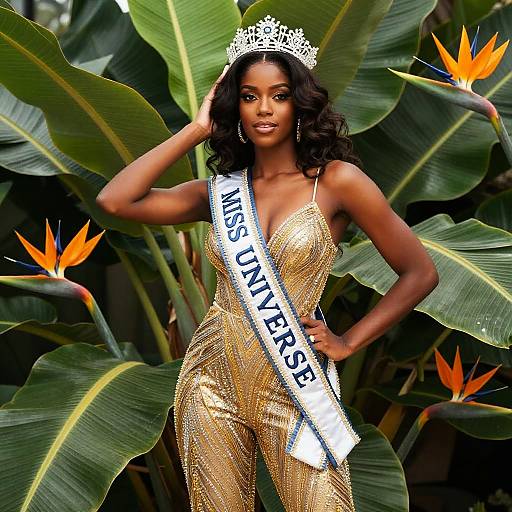 Photograph of a beautiful, dark-skinned woman with long black hair wearing a gold sequin jumpsuit, white tiara, 