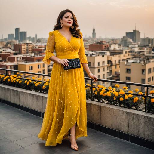Curvy Woman in Elegant Marigold Dress on Rooftop