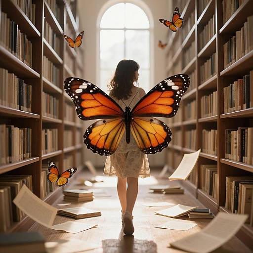 Photograph: Girl with large, vibrant orange and black butterfly wings walks down a sunlit library aisle, surrounded by floating books and butterflies.