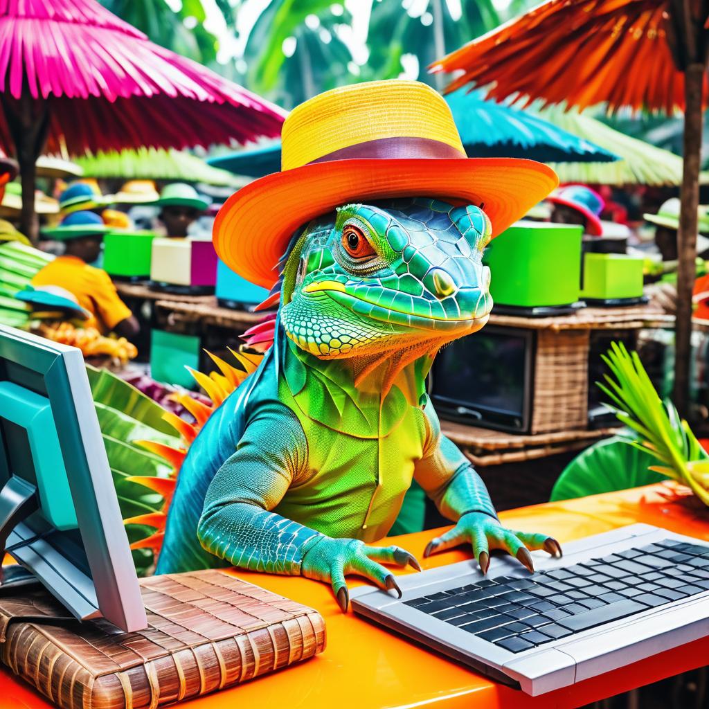 Curious Iguana in a Vibrant Marketplace