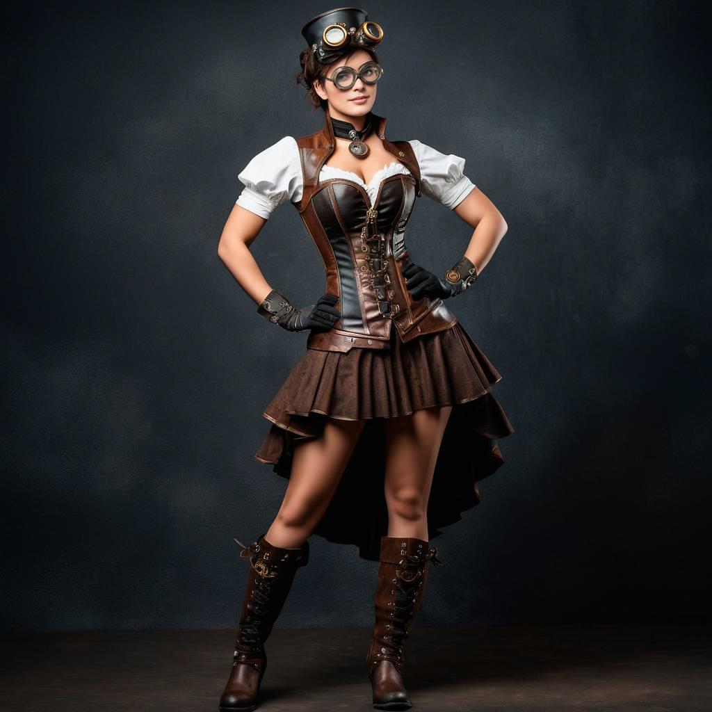 Excited Mechanic in Steampunk Outfit