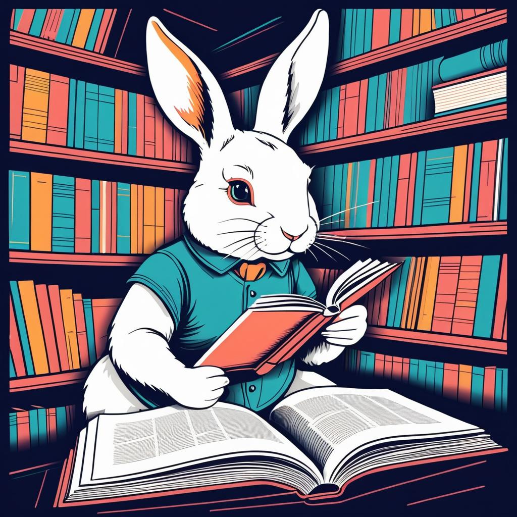 Vintage Rabbit Reading in Library Illustration