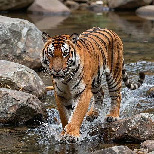 Majestic Bengal Tiger Crossing Stream