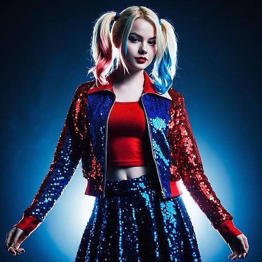 Cosplay of Harley Quinn in Sequined Red and Blue Outfit