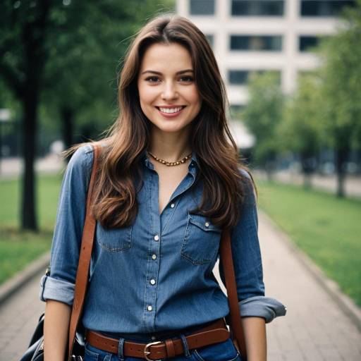 Smiling Woman in Denim Shirt Outdoors