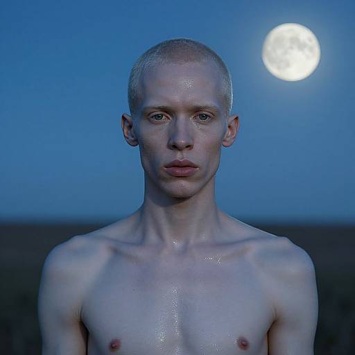 Photograph of a bald, androgynous, shirtless person with a slim build, glistening skin, and intense expression, under a bright