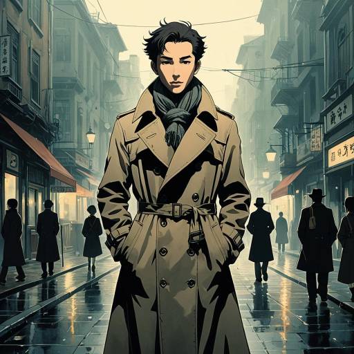 Young Detective in Trench Coat on Foggy City Street
